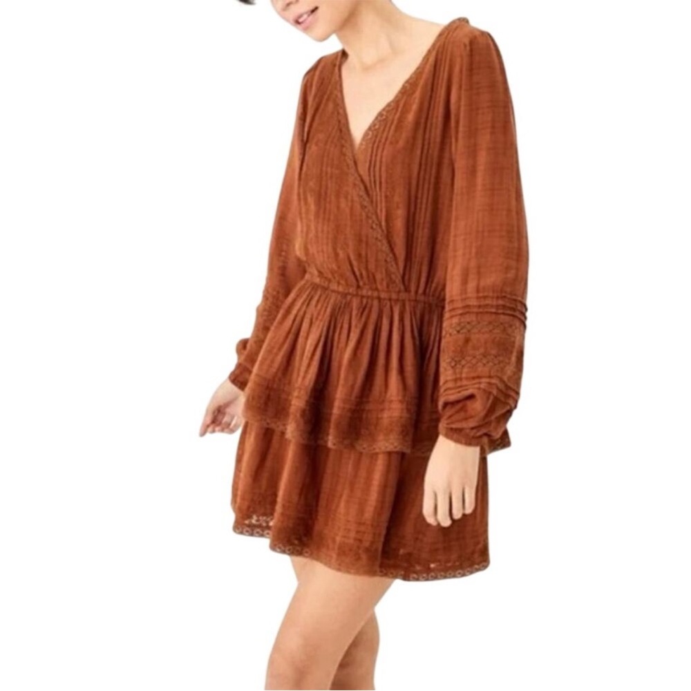 NWT S Brown Ruffle Lace American Eagle Long Sleeve V Neck Wrap Front Mini Dress